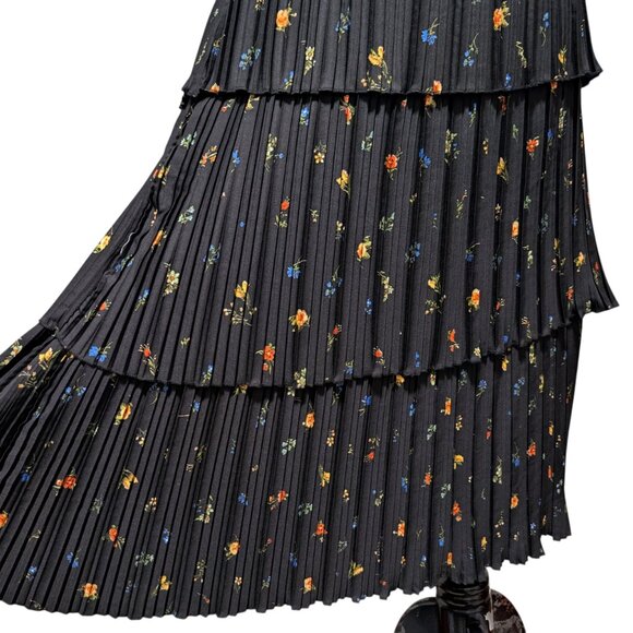 Wishing Waves Womens Sz L Black Floral Pleated Tiered Ruffles Puff Sleeve Dress - Picture 7 of 11